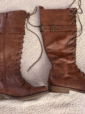 LUXE by JustFab Brown Lace-Up Knee-High Riding Boots — Size 10